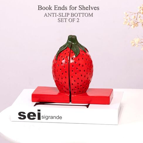 Strawberry Decorative Bookends, Resin Book Ends for Shelves with Cute Aesthetic Design, Bookshelf Decor for Home Office, Desk, Library, Book Holder for Heavy Books, Unique Gift, Set of 2 in Saudi Arabia
