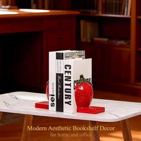 Strawberry Decorative Bookends, Resin Book Ends for Shelves with Cute Aesthetic Design, Bookshelf Decor for Home Office, Desk, Library, Book Holder for Heavy Books, Unique Gift, Set of 2 in Saudi Arabia