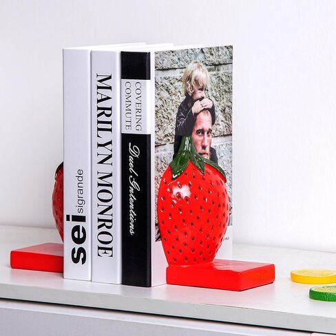 Strawberry Decorative Bookends, Resin Book Ends for Shelves with Cute Aesthetic Design, Bookshelf Decor for Home Office, Desk, Library, Book Holder for Heavy Books, Unique Gift, Set of 2 in Saudi Arabia