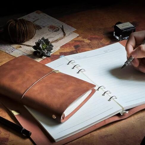 دفتر ملاحظات جلدي قابل لإعادة الملء مقاس A5 بأوراق فضفاضة، دفتر ملاحظات بحزام عتيق، مفكرة A5، مجلد أوراق فضفاض مع 6 حلقات مقاس 9.1 بوصة × 6.7 بوصة. يتضمن 80 ورقة (160 صفحة) بني. in Kuwait