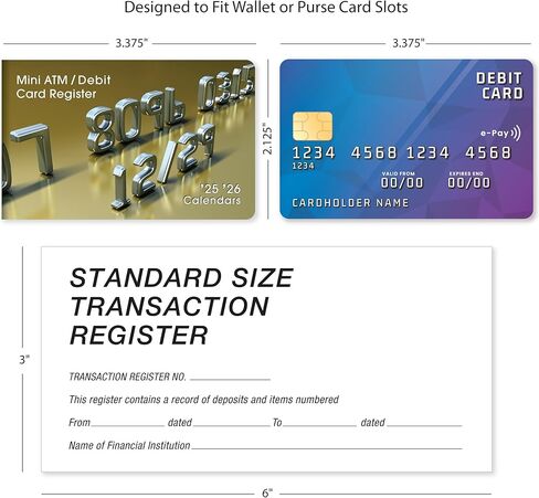 Mini ATM Debit Card Registers - Transaction Registers Designed to fit Card Slots. Mini Register Size Closed: 3.375 x 2.125 in. Full Width Interior Checkbook Register Measures 6.75 in. (Set of 6) in Saudi Arabia