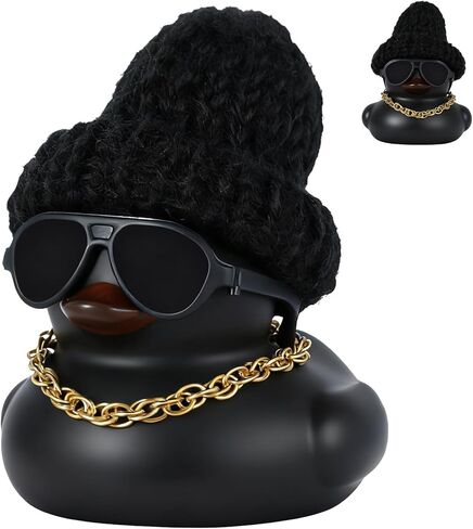 DIY Christmas Rubber Duck with Knit Hat, Glasses & Necklace - Black Duck Car Dashboard Decor for Jeep, Car, Home, Office, Gift (1 Piece) in Kuwait