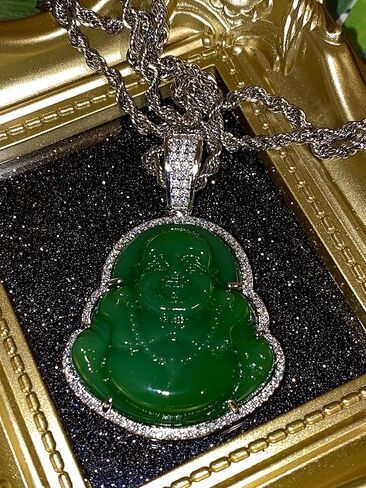 Laughing Buddha Green Jade Pendant Silver Necklace Rope Chain Genuine Certified Grade A Jadeite Jade Hand Crafted, Jade Necklace, 14k Laughing Jade Buddha necklace, Jade Medallion in Saudi Arabia
