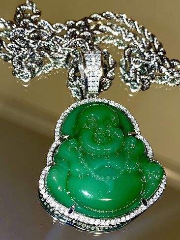 Laughing Buddha Green Jade Pendant Silver Necklace Rope Chain Genuine Certified Grade A Jadeite Jade Hand Crafted, Jade Necklace, 14k Laughing Jade Buddha necklace, Jade Medallion in Saudi Arabia