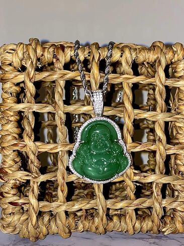 Laughing Buddha Green Jade Pendant Silver Necklace Rope Chain Genuine Certified Grade A Jadeite Jade Hand Crafted, Jade Necklace, 14k Laughing Jade Buddha necklace, Jade Medallion in Saudi Arabia