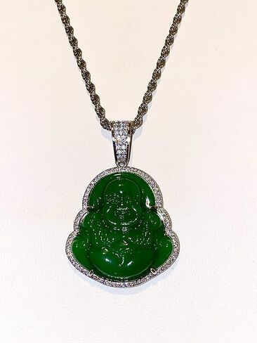 Laughing Buddha Green Jade Pendant Silver Necklace Rope Chain Genuine Certified Grade A Jadeite Jade Hand Crafted, Jade Necklace, 14k Laughing Jade Buddha necklace, Jade Medallion in Saudi Arabia