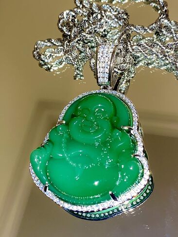 Laughing Buddha Green Jade Pendant Silver Necklace Rope Chain Genuine Certified Grade A Jadeite Jade Hand Crafted, Jade Necklace, 14k Laughing Jade Buddha necklace, Jade Medallion in Saudi Arabia
