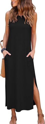 فساتين RUMIA النسائية الطويلة كاجوال صيفية أنيقة بفتحة جانبية مع جيوب (S-XXL) in Kuwait