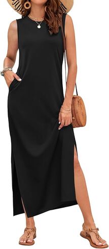فساتين RUMIA النسائية الطويلة كاجوال صيفية أنيقة بفتحة جانبية مع جيوب (S-XXL) in Kuwait