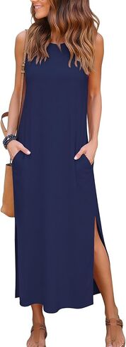 فساتين RUMIA النسائية الطويلة كاجوال صيفية أنيقة بفتحة جانبية مع جيوب (S-XXL) in Kuwait