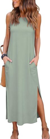 فساتين RUMIA النسائية الطويلة كاجوال صيفية أنيقة بفتحة جانبية مع جيوب (S-XXL) in Kuwait