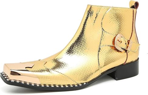 Santimon Chelsea Boots Men Gold Dress Casual Genuine Leather Metal Square Toe Cowboy Boots for Men Fahion Prom Wedding Western Party Disco Ballroom Tuxedo Ankle Boots in Saudi Arabia