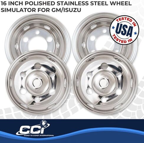 Coast To Coast Wheel Simulator Set of 4 16 Inch 304 Stainless Steel, Bolt-On for Dual Rear Wheels, 6 Lug/6 Hand Hole, Fits Isuzu NPR 1990-2025, Chevrolet/GMC W4/W5 1990-2010, WT5500 1997-2007 in Saudi Arabia