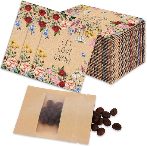 JarThenaAMCS 100 قطعة من مظاريف العملات المعدنية من بذور الزهور البرية، حقيبة قفل بسحاب من ورق الكرافت مع نافذة عتيقة من الزهور، عبوات بذور قابلة للإغلاق لبذور نباتات الخضروات والزهور، هدايا الحفلات in Kuwait