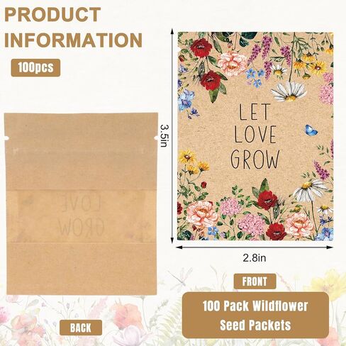 JarThenaAMCS 100 قطعة من مظاريف العملات المعدنية من بذور الزهور البرية، حقيبة قفل بسحاب من ورق الكرافت مع نافذة عتيقة من الزهور، عبوات بذور قابلة للإغلاق لبذور نباتات الخضروات والزهور، هدايا الحفلات in Kuwait
