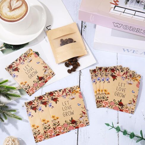 JarThenaAMCS 100 قطعة من مظاريف العملات المعدنية من بذور الزهور البرية، حقيبة قفل بسحاب من ورق الكرافت مع نافذة عتيقة من الزهور، عبوات بذور قابلة للإغلاق لبذور نباتات الخضروات والزهور، هدايا الحفلات in Kuwait