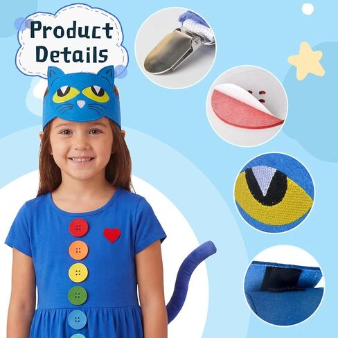 Blue Cat Costume Set with Cat Headband and Tail, Heart Button Stickers Accessories for Read Book Day Dress Up Halloween Party Cosplay in Saudi Arabia