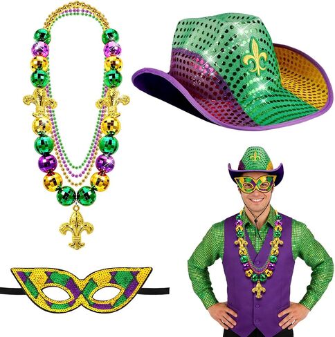 6pcs Mardi Gras Hat Accessories, Cowboy Hats for Women Men, Mardi Gras Mask Beads Necklace for Carnival Party Parade in Saudi Arabia