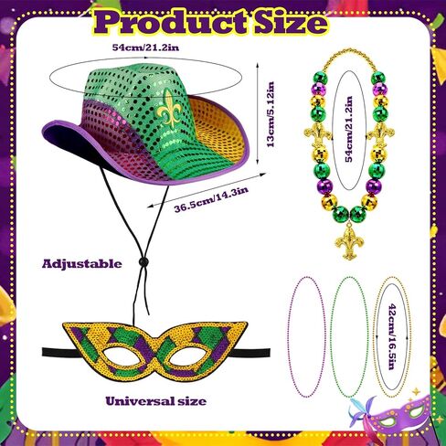 6pcs Mardi Gras Hat Accessories, Cowboy Hats for Women Men, Mardi Gras Mask Beads Necklace for Carnival Party Parade in Saudi Arabia