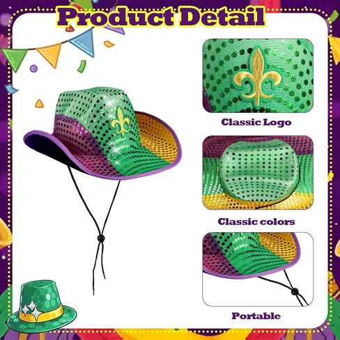 6pcs Mardi Gras Hat Accessories, Cowboy Hats for Women Men, Mardi Gras Mask Beads Necklace for Carnival Party Parade in Saudi Arabia