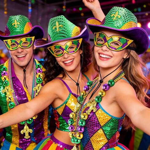 6pcs Mardi Gras Hat Accessories, Cowboy Hats for Women Men, Mardi Gras Mask Beads Necklace for Carnival Party Parade in Saudi Arabia