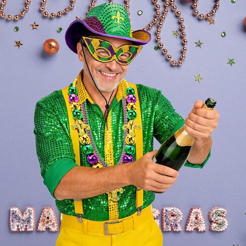 6pcs Mardi Gras Hat Accessories, Cowboy Hats for Women Men, Mardi Gras Mask Beads Necklace for Carnival Party Parade in Saudi Arabia