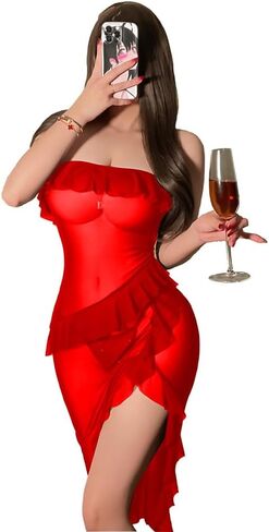 Sexy Sheer Mesh Babydoll Lingerie Women's Strapless Ruffled Nightgown, See-Through Sleepwear, Lace Chemise in Saudi Arabia