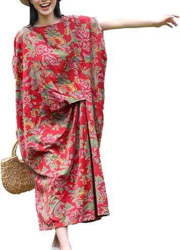 Vintage Peony Maxi Dress for Women 2025 Cotton Boho Dress with Asymmetrical Hem Raglan Sleeves Kaftan Summer in Saudi Arabia