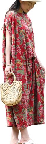 Vintage Peony Maxi Dress for Women 2025 Cotton Boho Dress with Asymmetrical Hem Raglan Sleeves Kaftan Summer in Saudi Arabia