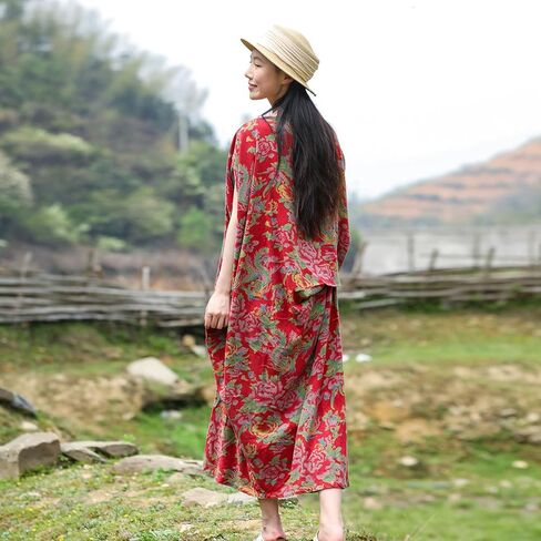Vintage Peony Maxi Dress for Women 2025 Cotton Boho Dress with Asymmetrical Hem Raglan Sleeves Kaftan Summer in Saudi Arabia