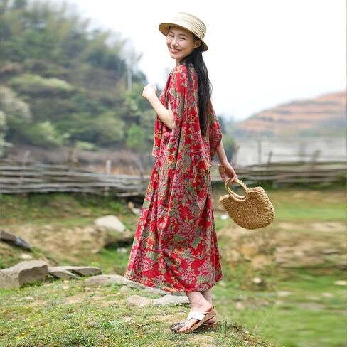 Vintage Peony Maxi Dress for Women 2025 Cotton Boho Dress with Asymmetrical Hem Raglan Sleeves Kaftan Summer in Saudi Arabia