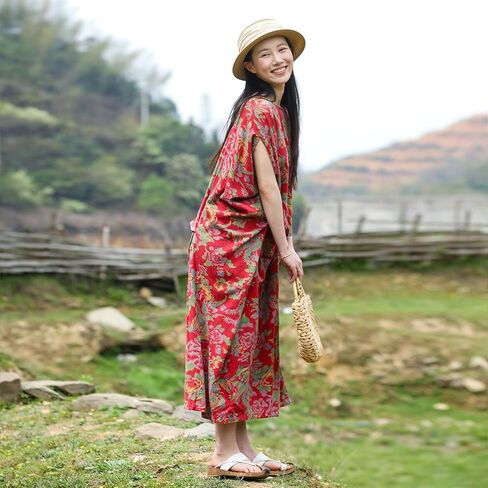 Vintage Peony Maxi Dress for Women 2025 Cotton Boho Dress with Asymmetrical Hem Raglan Sleeves Kaftan Summer in Saudi Arabia