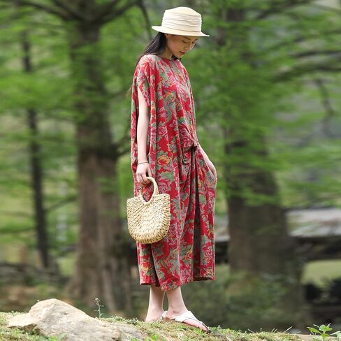 Vintage Peony Maxi Dress for Women 2025 Cotton Boho Dress with Asymmetrical Hem Raglan Sleeves Kaftan Summer in Saudi Arabia