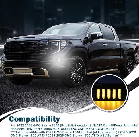 مصابيح الضباب الأمامية LED تناسب 2022-2026 GMC Sierra 1500 (ليست محدودة/ AT4X) مصابيح جانبية لغطاء الشبكة، ملحقات مصابيح إشارة الانعطاف المتسلسلة باللون الأبيض DRL والعنبر in Kuwait