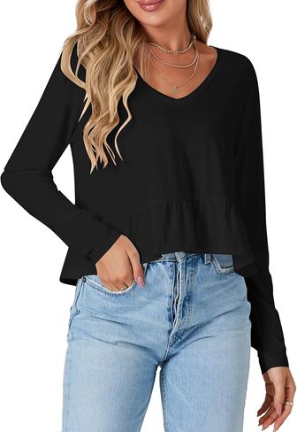 Vrtige Women's Casual V Neck Long Sleeve Peplum Ruffle Hem Babydoll Blouse Shirt Crop Top in Saudi Arabia