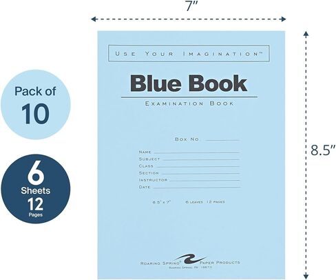 كتب زرقاء للامتحان من ROARING SPRING، 10 كتيبات امتحانات مدرسية، 8.5 بوصة × 7 بوصة، 6 أوراق/12 صفحة، مسطرة على نطاق واسع مع كتاب اختبار للطلاب الهامش، صنع في الولايات المتحدة الأمريكية in Kuwait