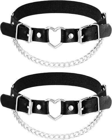 2 Pcs Leather Leg Garter with Chains, Adjustable Thigh Belt Women Black Thigh Garter Belt Elastic Leg Ring for Women, Metal Heart Shape Design for Cosplay, Halloween Party, Outfits (Black) in Saudi Arabia