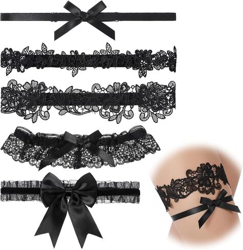 5 Pcs Wedding Garter for Bride Lady Women Lace Garter Black Garters Belt Garters Tossing Thigh Garteres Legthigh Garteres Belt Bowknot Elastic Leg Ring for Bride Black Bowknot Floral Belts Party Prom in Saudi Arabia