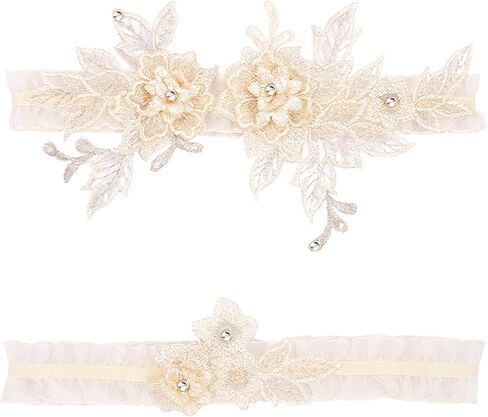 Elegant Ivory Garters for Bride, Wedding Garter Set for Bride with Floral Lace & Rhinestones, Secure Comfort Fit for the Toss Tradition and a Cherished Keepsake, Timeless Bridal Essential in Saudi Arabia
