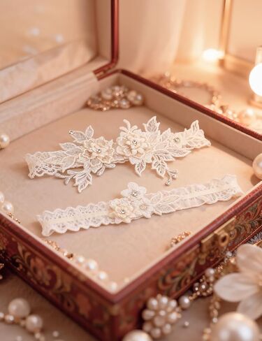 Elegant Ivory Garters for Bride, Wedding Garter Set for Bride with Floral Lace & Rhinestones, Secure Comfort Fit for the Toss Tradition and a Cherished Keepsake, Timeless Bridal Essential in Saudi Arabia