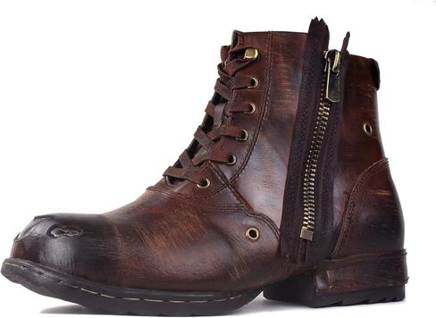 OSSTONE Moto Boots for Men Fashion lace-up Leather Chukka Boots Casual Shoes Metal Cleats OS-5008-8-Metal-Brown in Saudi Arabia
