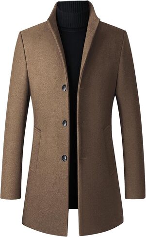 Sexyshine Men's Wool Blend Trench Coat Winter Single Breasted Stand Collar Slim Fit Overcoat Business Work Pea Jacket in Saudi Arabia