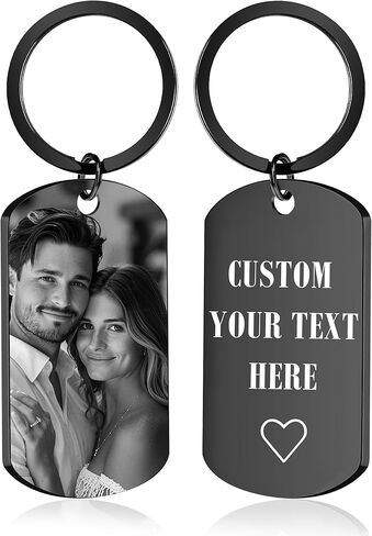 Custom Keychain with Picture - Personalized Keychains with Photo Text Customized Engraved Key Chain Gifts (01 Photo & Text - Black) in Saudi Arabia