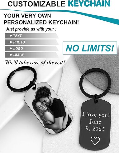 Custom Keychain with Picture - Personalized Keychains with Photo Text Customized Engraved Key Chain Gifts (01 Photo & Text - Black) in Saudi Arabia
