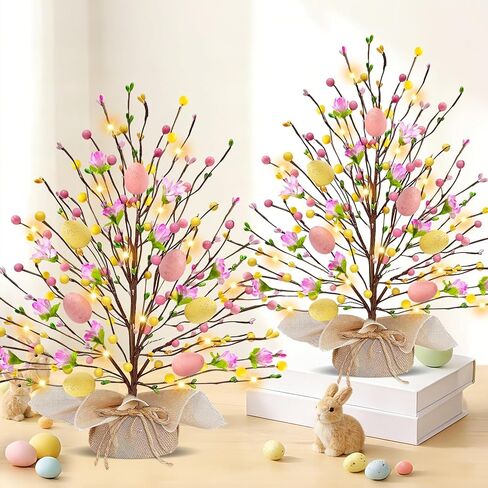 2 Pack & Timer - Easter Decorations, 18 Inch Lighted Easter Tree Tabletop with 20 LED Warm White Lights Pastel Eggs Floral Berries Battery Operated Easter Egg Tree Home Indoor Table Party Spring Decor in Saudi Arabia