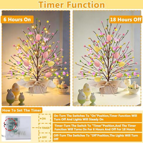2 Pack & Timer - Easter Decorations, 18 Inch Lighted Easter Tree Tabletop with 20 LED Warm White Lights Pastel Eggs Floral Berries Battery Operated Easter Egg Tree Home Indoor Table Party Spring Decor in Saudi Arabia