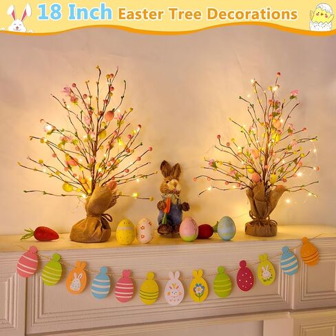 2 Pack & Timer - Easter Decorations, 18 Inch Lighted Easter Tree Tabletop with 20 LED Warm White Lights Pastel Eggs Floral Berries Battery Operated Easter Egg Tree Home Indoor Table Party Spring Decor in Saudi Arabia