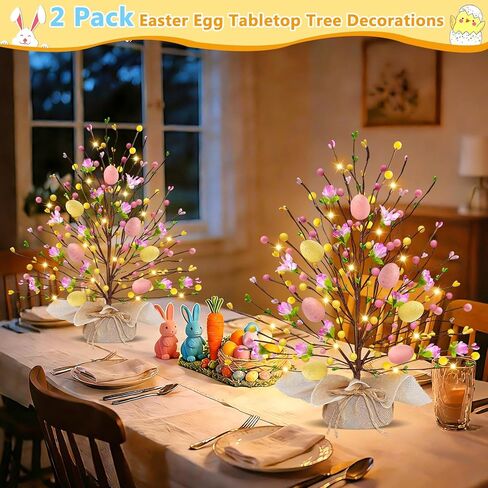 2 Pack & Timer - Easter Decorations, 18 Inch Lighted Easter Tree Tabletop with 20 LED Warm White Lights Pastel Eggs Floral Berries Battery Operated Easter Egg Tree Home Indoor Table Party Spring Decor in Saudi Arabia
