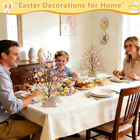 2 Pack & Timer - Easter Decorations, 18 Inch Lighted Easter Tree Tabletop with 20 LED Warm White Lights Pastel Eggs Floral Berries Battery Operated Easter Egg Tree Home Indoor Table Party Spring Decor in Saudi Arabia