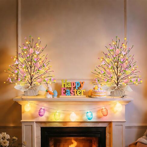 2 Pack & Timer - Easter Decorations, 18 Inch Lighted Easter Tree Tabletop with 20 LED Warm White Lights Pastel Eggs Floral Berries Battery Operated Easter Egg Tree Home Indoor Table Party Spring Decor in Saudi Arabia